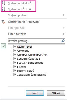 Komande sortiranja u galeriji sortiranja i filtriranja