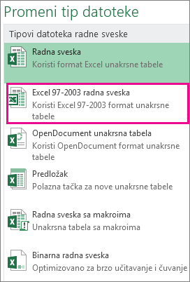 Format „Excel 97-2003 radna sveska“