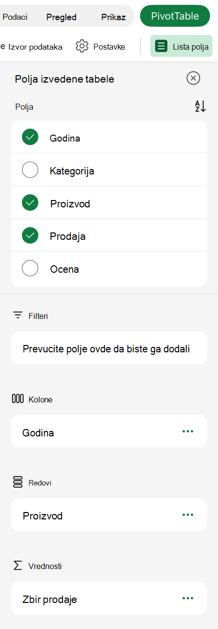 Izvedena tabela na iPad uređaju Lista polja