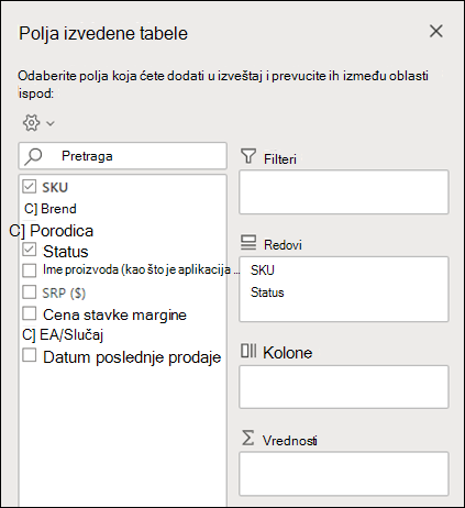 Polja izvedene tabele u Excel za veb