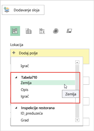 Dodavanje lokacije u okno slojeva