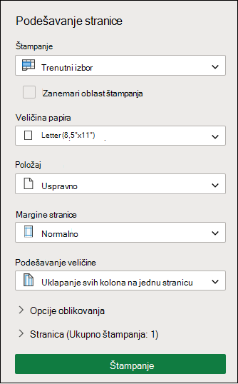 Odštampaj trenutni izbor u Excel za veb