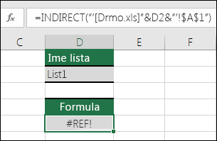 Primer greške #REF! izazvane indirektnim upućivanjem na zatvorenu radnu svesku.