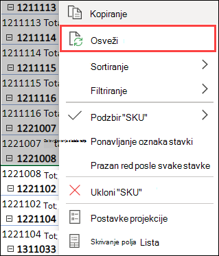 Osvežavanje izvedene tabele