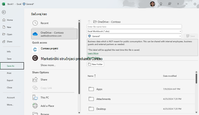 Snimak ekrana: Čuvanje radne sveske u usluzi OneDrive