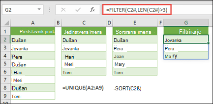 Operator prelivenog opsega (#) za upućivanje na ceo opseg prelivenog niza pomoću =FILTER(C2#,LEN(C2#)>3)