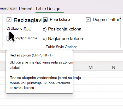 Cursor hover over Total Row checkbox in Table Design menu