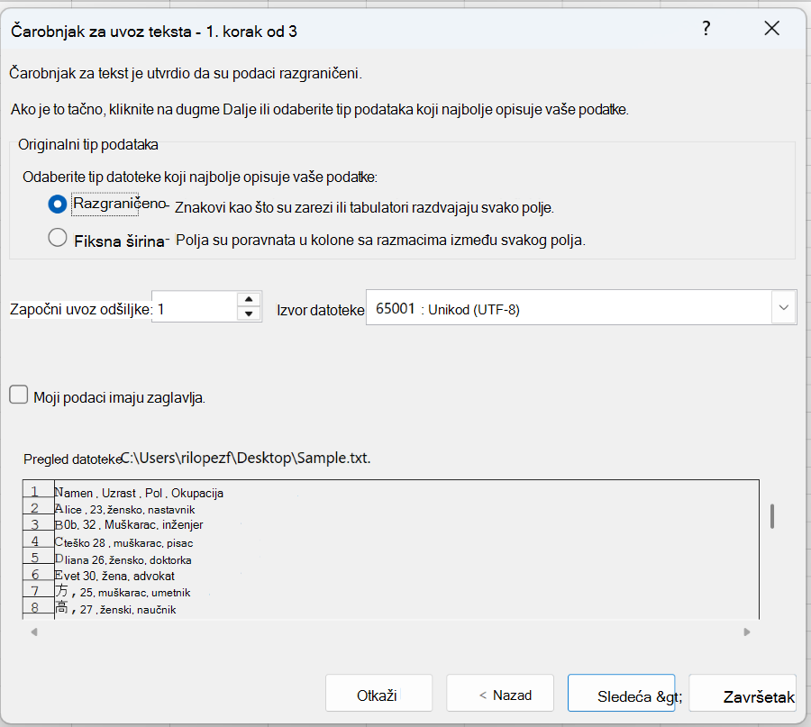 Ispravno otvaranje CSV UTF-8 datoteka u programu Excel | Microsoft Support