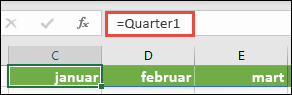 Koristite imenovanu konstantu niza u formuli, kao što je =Kvartal1, gde je Kvartal1 definisan kao ={Januar,Februar,Mart}