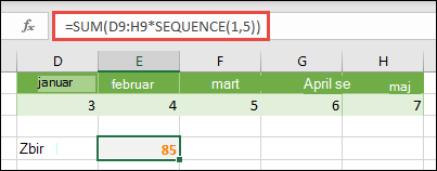 Koristite konstante niza u formulama. U ovom primeru, upotrebili smo =SUM(D9:H(*SEQUENCE(1,5))