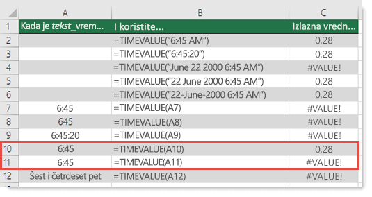 Rezultat različitih TIMEVALUE funkcija