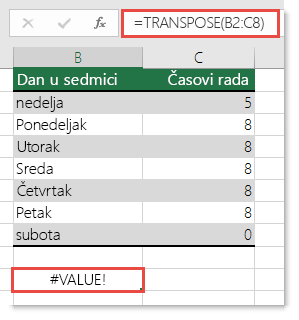 #VALUE! greška u funkciji TRANSPOSE