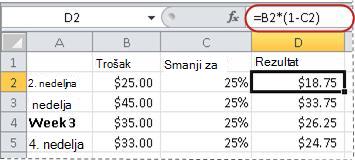 Primer formule za izračunavanje procenta