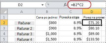 Primer formule za izračunavanje procenta