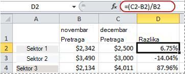 Primer formule za izračunavanje procenta