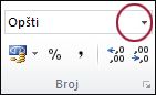 Lista „Format broja“ u grupi „Broj“ na kartici „Početak“