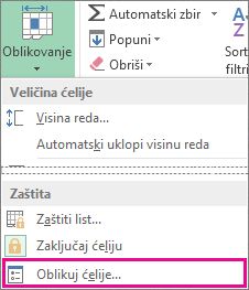 Na kartici „Početak“, dugme „Oblikovanje“ i dugme „Oblikovanje ćelija“ u meniju