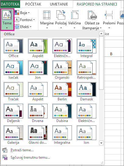 Themes gallery on the Page Layout tab