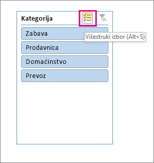 Izbori modula „Slicer“ sa istaknutim dugmetom za višestruki izbor