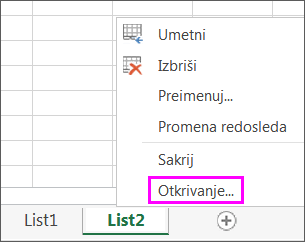 Izaberite desnim tasterom miša bilo koju karticu lista da biste proverili da li ima sakrivanih listova.