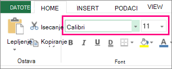 opcije fonta na Excel traci