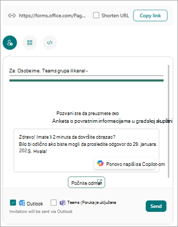 Obrazac možete da pošaljete na više načina sa ekrana slanja i prikupljanja odgovora.