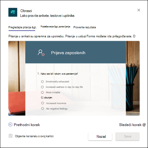 Forms dialog in Teams with a preview of the employee well-be measurement template