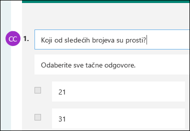 Inicijali saradnika prikazani pored pitanja testa