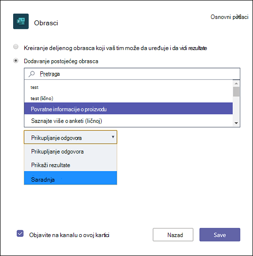 Dodavanje postojećeg obrasca grupe u Microsoft Teams