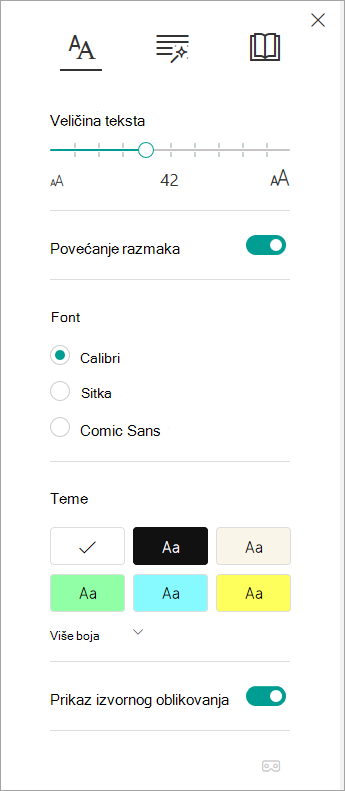 Opcije teksta u programu Koncentrisani čitalac.