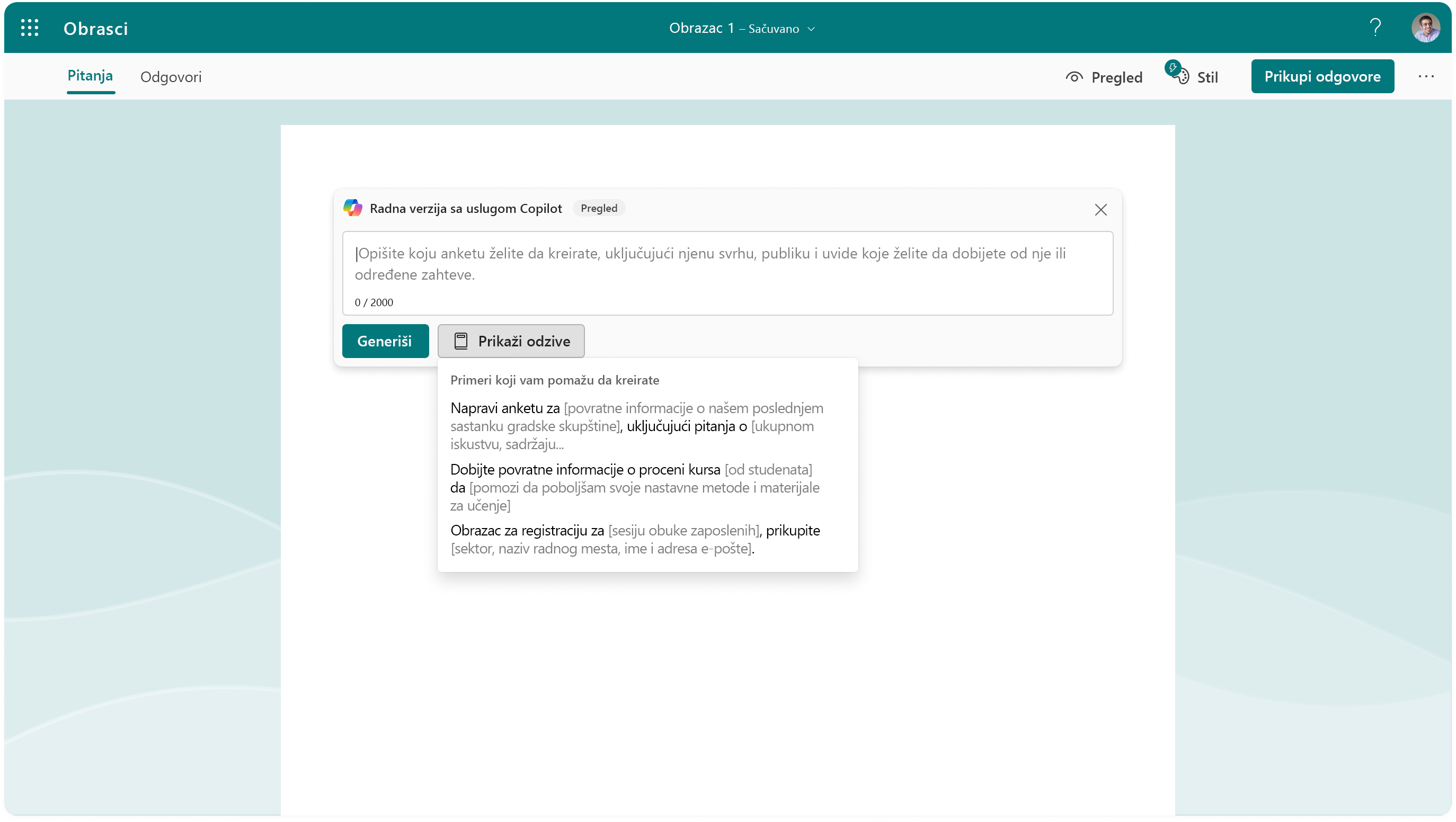 Snimak ekrana koji prikazuje opcije upita za funkciju Copilot u usluzi Forms