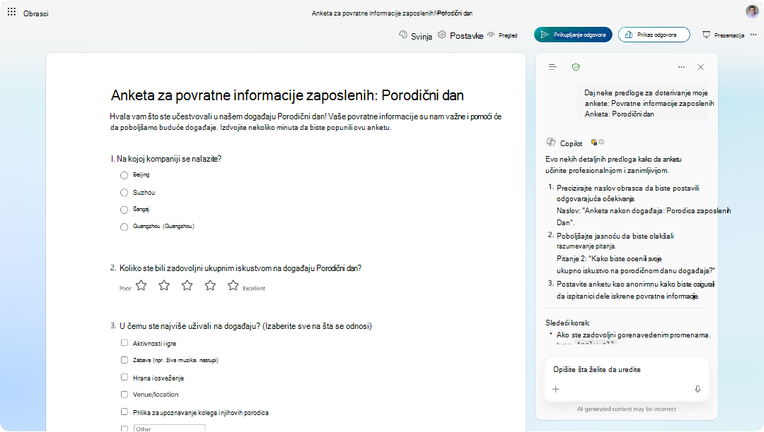 Snimak ekrana obrasca ankete za povratne informacije zaposlenih sa tablom sa predlozima funkcije Copilot koja nudi poboljšanja.
