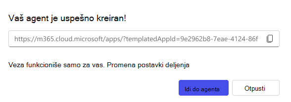 Snimak ekrana opcije deljenja dostupne za kreiranje agenta