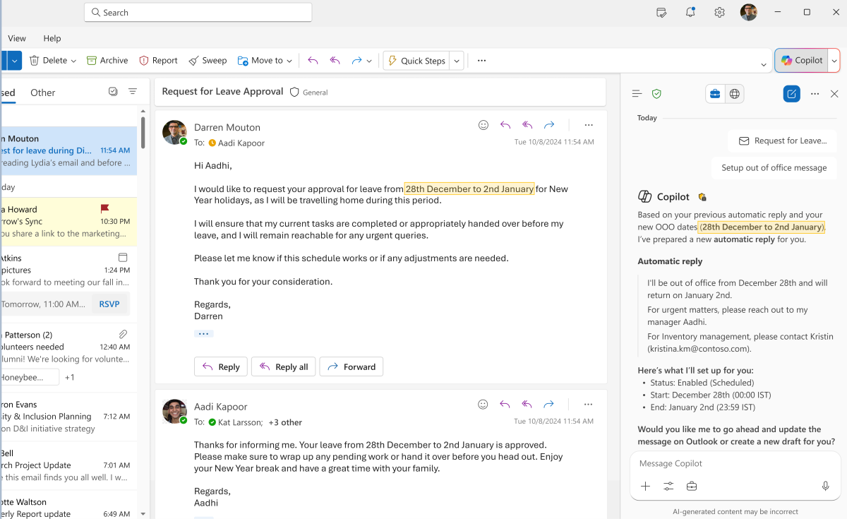 Snimak ekrana odgovora kopilaca za pravljenje automatskog odgovora u programu Copilot u programu Outlook