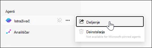 Snimak ekrana lokacije za deljenje agenta iz navigacije sa leve strane.