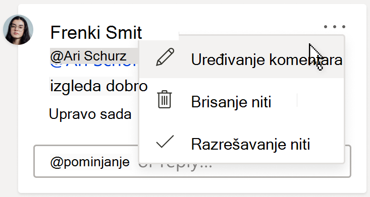 Slika kartice sa komentarima koja prikazuje opciju 