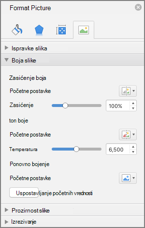 Prilagodite postavke zasićenja boja u oknu 