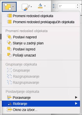 Arrange menu with Rotate selected