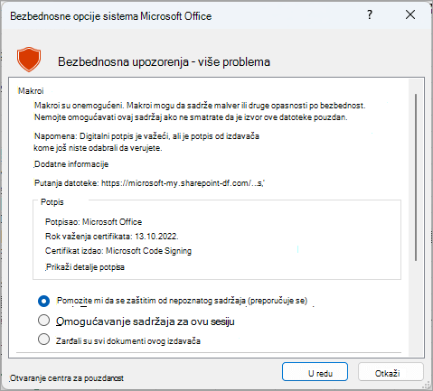 Dijalog bezbednosnog upozorenja iz programa Microsoft Excel