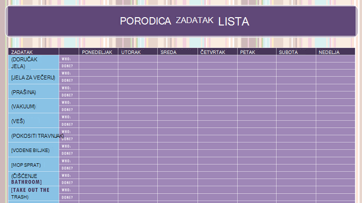 Slika predloška liste porodičnih zadataka