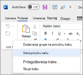 Slika opcije za skrivanje priručne trake