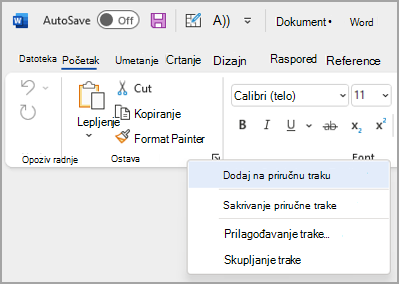 Slika padajućeg menija za prilagođavanje priručne trake za dodavanje komandi