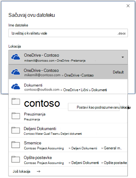 Snimak ekrana koji pokazuje kako da postavite podrazumevanu lokaciju u programu Word prilikom čuvanja nove datoteke
