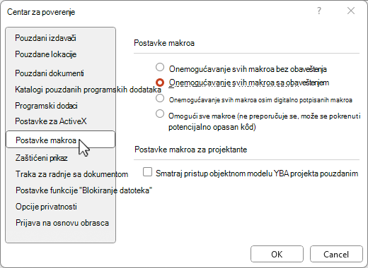 Postavke makroa centra za pouzdanost