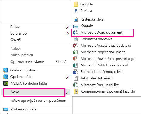 Na radnoj površini izaberite stavku „Novo“, a zatim izaberite aplikaciju za dokument koji želite da napravite.