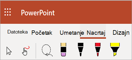 Prikazuje olovku za pisanje perom, marker i boje