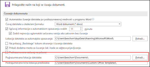 Opcije „Sačuvaj“ u programu Word, koje prikazuju podrazumevanu postavku radne fascikle