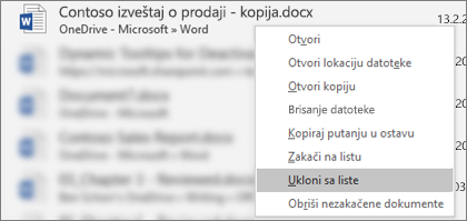 Kontekstualni meni koji vidite kada kliknete desnim tasterom miša na datoteku sa liste nedavno korišćenih datoteka