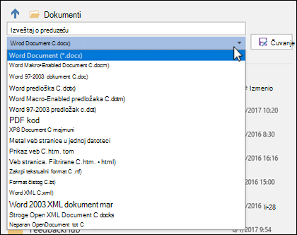 Kliknite na padajući meni sa tipovima datoteka da biste izabrali drugi format datoteke za dokument