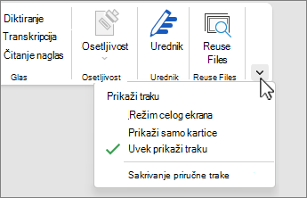 Meni sa opcijama prikaza trake